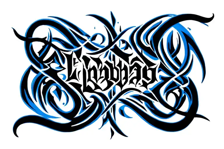 a sophisticated neo-tribal tattoo consisting of thin black and blue lines with black lettering in gothic font limbo tattoo design idea