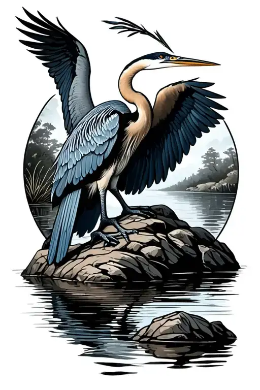 Great blue heron on a rock, wings outstretched tattoo design idea