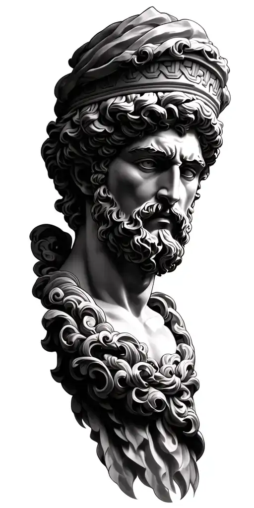 greek god head with full artistic around him based on greek mythology. i want a meander going around the arm and temple tattoo design idea