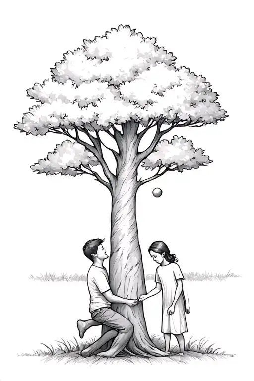 Elder Brother playing ball With His Little Sister under the tree tattoo design idea