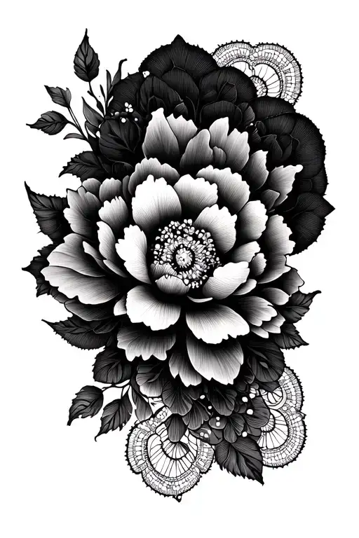 Arabesque + peony + mandala + lace with medaillopn tattoo design idea