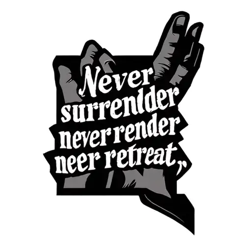 "Never surrender never retreat " "Never surrender never retreat " hand tattoo quote tattoo design idea