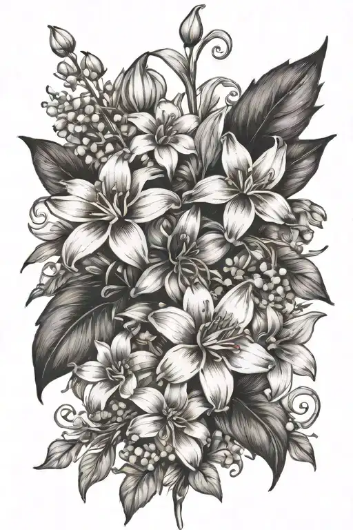 Daisy flower, lily of the valley and larkspur flower tattoo design idea