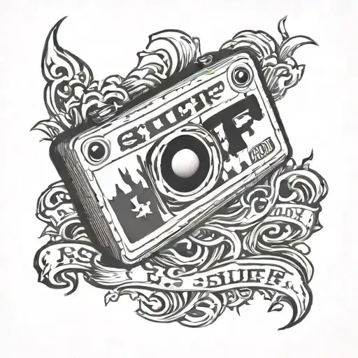 American traditional tattoo of a bloody VHS tape with the word "SNUFF" written on the tape. tattoo design idea