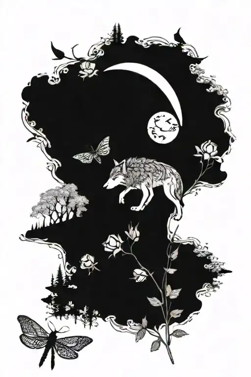 wolf, dragonfly, moon, forest, roses tattoo design idea