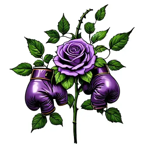 Purple rose with long stem and a pair of boxing gloves hanging from a thorn. tattoo design idea