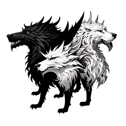 cerberus with hati, skoll and fenrir heads tattoo design idea