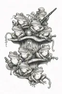 four frogs sitting on four mushrooms smoking pipes. one is a wizard, 2nd is a knight, the 3rd is a ninja, 4th is a bard tattoo design idea