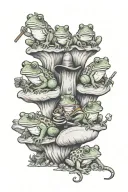 four frogs sitting on four mushrooms smoking pipes. one is a wizard, 2nd is a knight, the 3rd is a ninja, 4th is a bard tattoo design idea