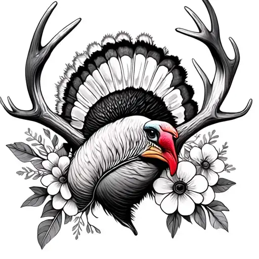 deer antler with turkey feather and flowers tattoo design idea