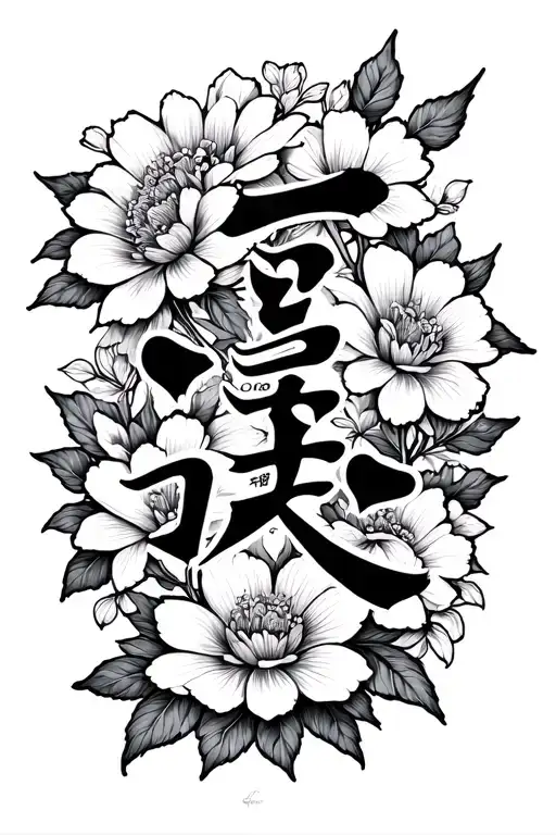 "侘寂" Japanese text written with flowers and heart tattoo design idea