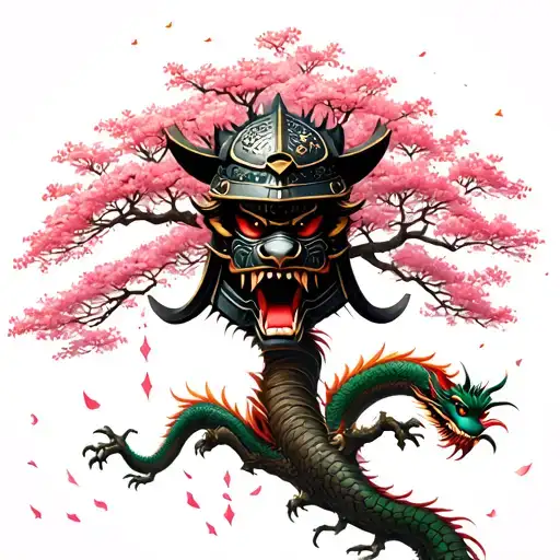 is a sakura tree with a samurai helmeted oni mask in the canopy. A dragon with flower petals falling from the tree. tattoo design idea