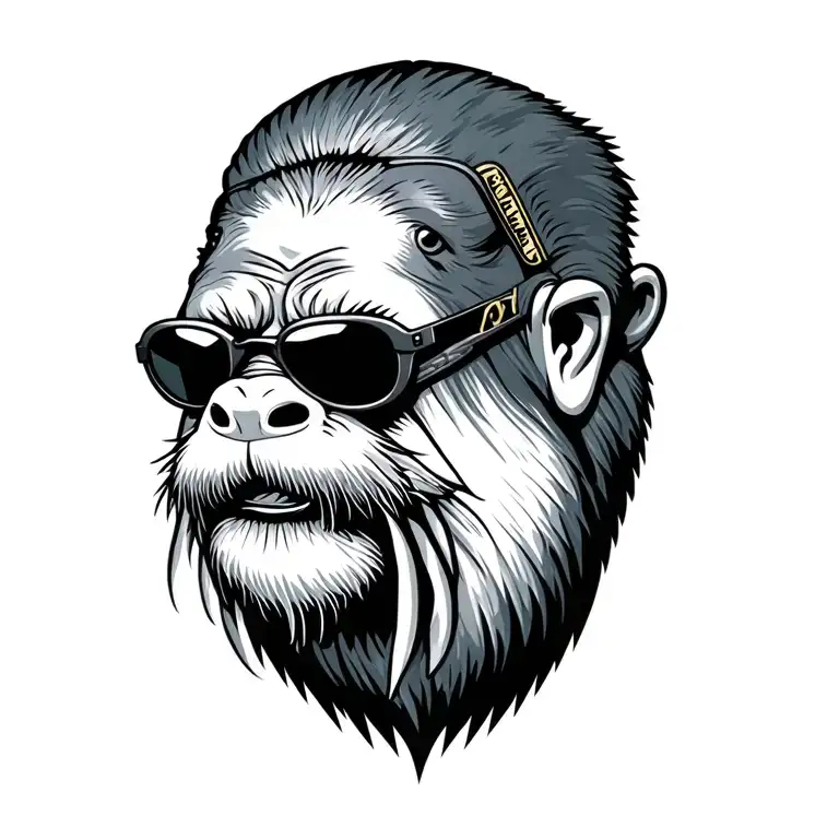 male walrus wearing riding leathers and sunglasses with a grey goatee tattoo design idea