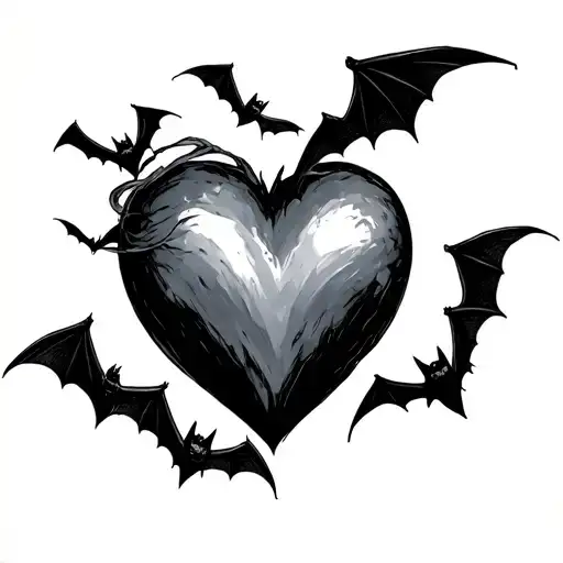 heart and bats flying tattoo design idea