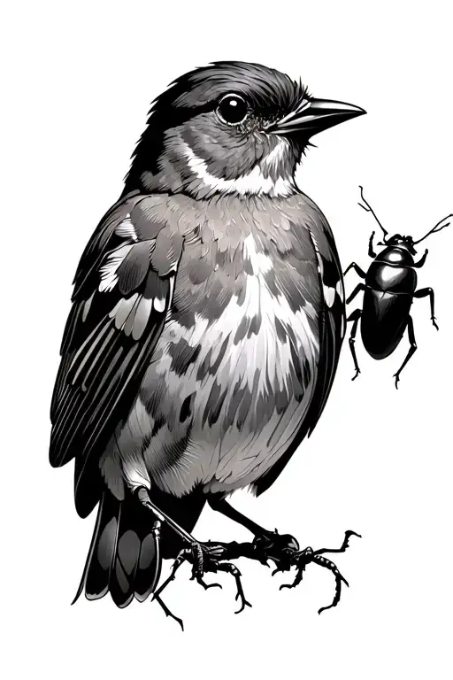 A Robin bird with a beetle showing the coexistance of order and chaos tattoo design idea