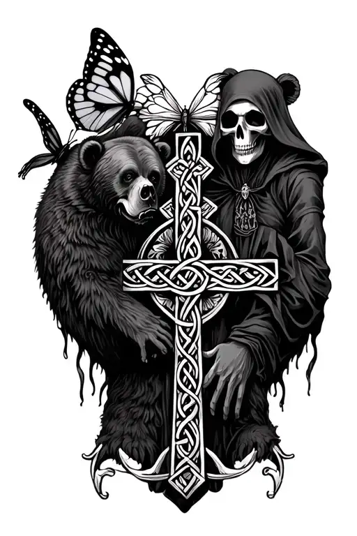 Celtic cross and grim reaper with bear and butterfly  tattoo design idea