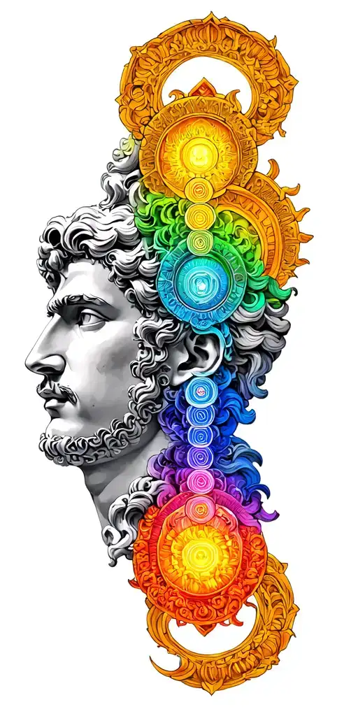 the Roman god Janus, who must have two opposing faces - youth and old. The 7 Vedic chakras surround Janus, colorful. tattoo design idea