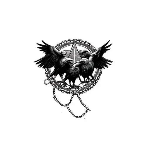 3 decapitated ravens distressed chained up in a circle with a star in the direct center  tattoo design idea