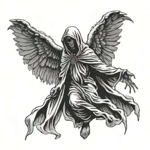 hooded angel of death with big and wide wings facing foward with black face  tattoo design idea