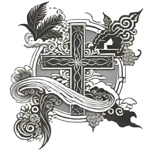 A stylized cross design incorporating elements of Azores Portugal island scenery tattoo design idea