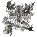 A stylized cross design incorporating elements of Azores Portugal island scenery tattoo design idea