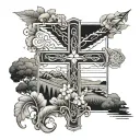 A stylized cross design incorporating elements of Azores Portugal island scenery tattoo design idea