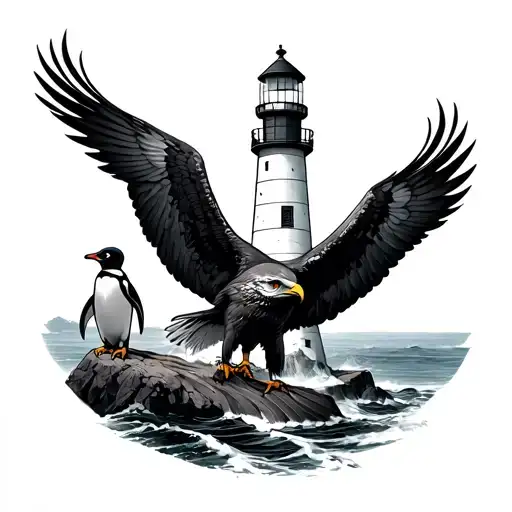 lighthouse with eagle and penguin tattoo design idea