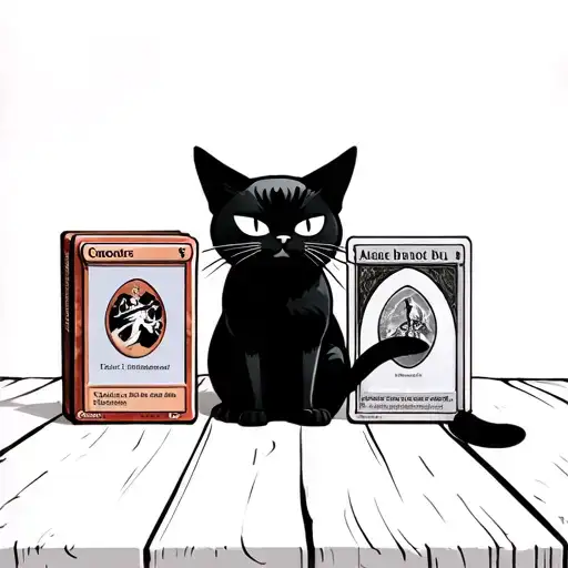 simple cartoon black cat sitting next to a deck of Magic the Gathering cards tattoo design idea
