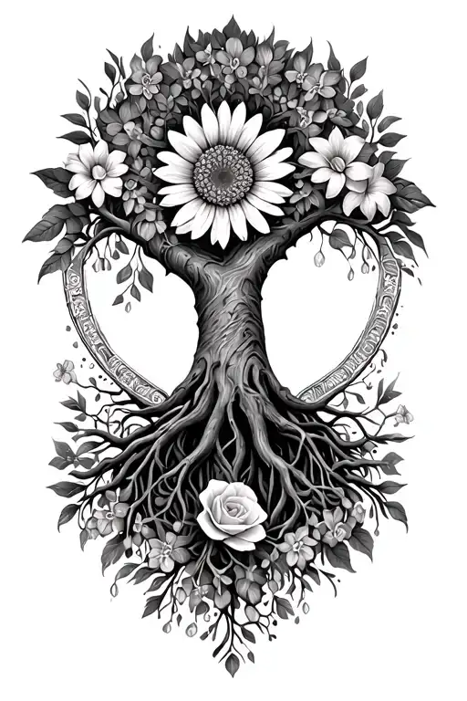 Tree of life w a Half mandala, were mandala is roots, w daisy, a Gladiolus, aViolet, a Rose, & 3 Lily of valley hidden tattoo design idea