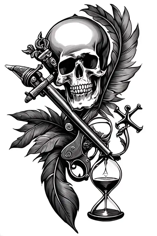 flintlock pistol, cutlass, quill pen, fouled anchor, hourglass tattoo design idea