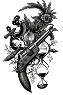 flintlock pistol, cutlass, quill pen, fouled anchor, hourglass tattoo design idea