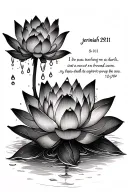 lotus with water droplets dropping into the lotus flower blooming, add the scripture jerimiah 29:11 tattoo design idea