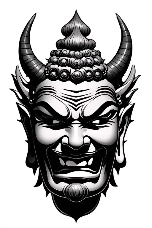 japanese devil mask with buddha face in between tattoo design idea