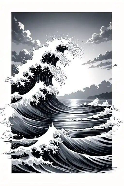 Waves and sun setting tattoo design idea