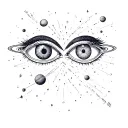 two eyes centered together surrounded by planets/galaxy on bicep and fine line tattoo design idea
