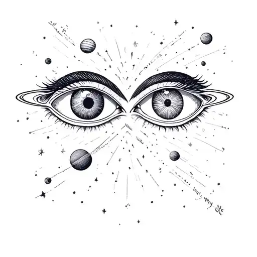 two eyes centered together surrounded by planets/galaxy on bicep and fine line tattoo design idea
