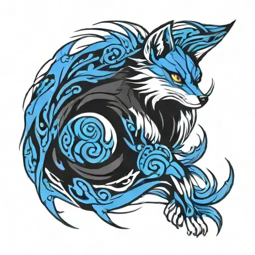 black and white nine tailed fox surrounded by blue flames tattoo design idea