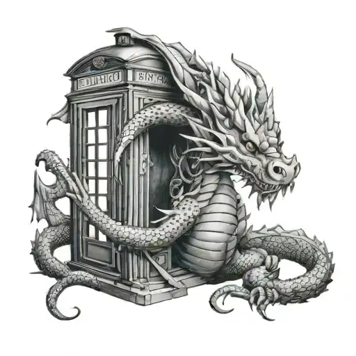 dragon wrapped around an English phonebooth  tattoo design idea
