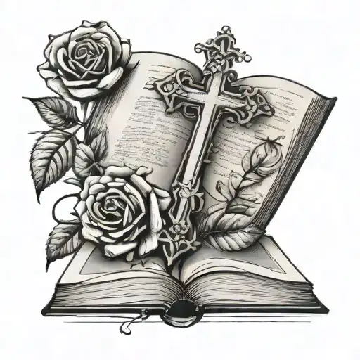 roses and cross open book tattoo design idea