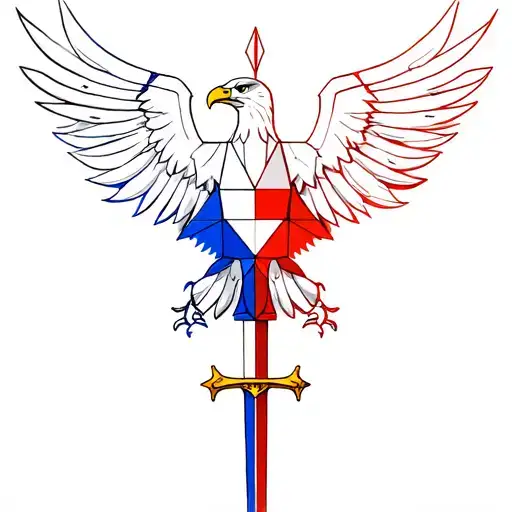 Create a geometric tattoo in the colors of France, representing an eagle holding a sword tattoo design idea