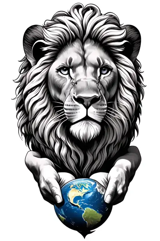 lion Atlas with human body holding up the world tattoo design idea