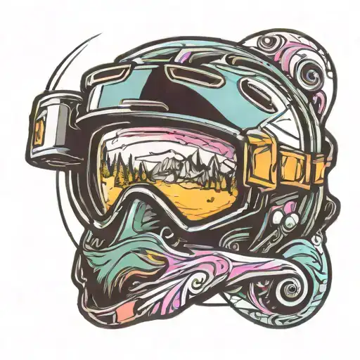 snowboarding goggles with reflection of a jumping snowboarder in the lens tattoo design idea
