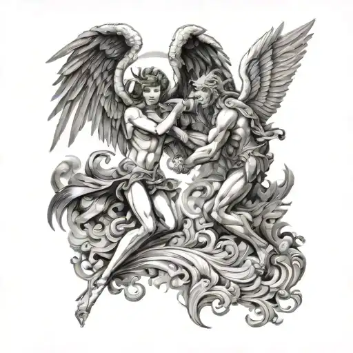 Evil angel and good angel fighting each other heaven and hell scene in background tattoo design idea