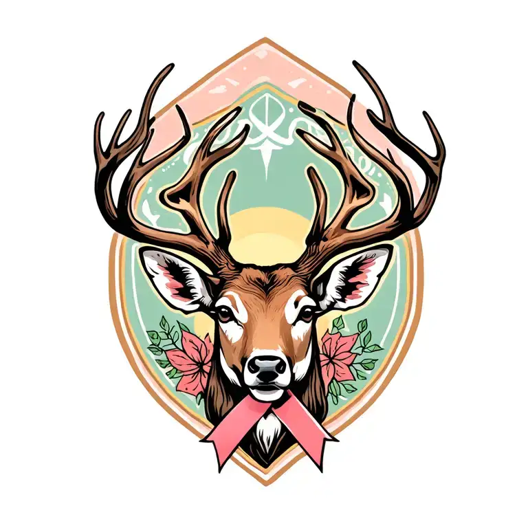 deer head surrounded by cancer ribbon tattoo design idea
