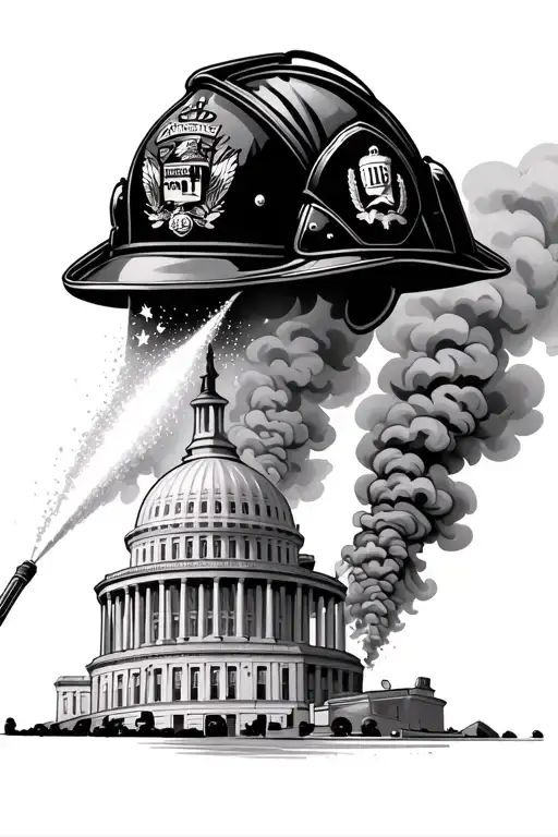 leather fire helmet, washington dc flag and smoke as background, water being sprayed on burning building tattoo design idea