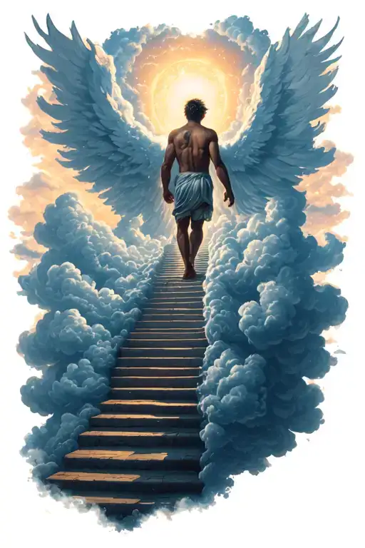 Stairway to heaven made out of clouds with a male spirit walking up the cloud stairway up to heaven tattoo design idea