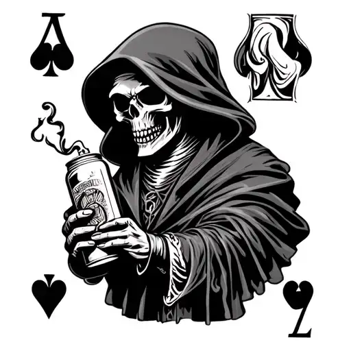 ace of spades playing card with grim reaper holding can of gas and lighter tattoo design idea