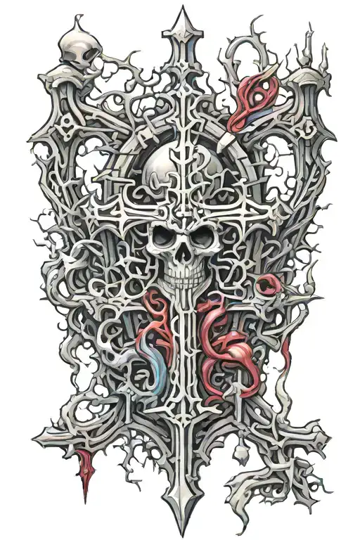 cyber siglism y2k Castle goth thorns and bones In shape cross tattoo design idea