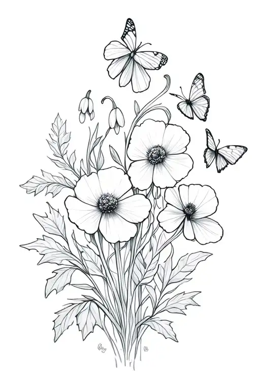 fineline flowers intertwined (snowdrop, poppy ans holly) with butterflies tattoo design idea