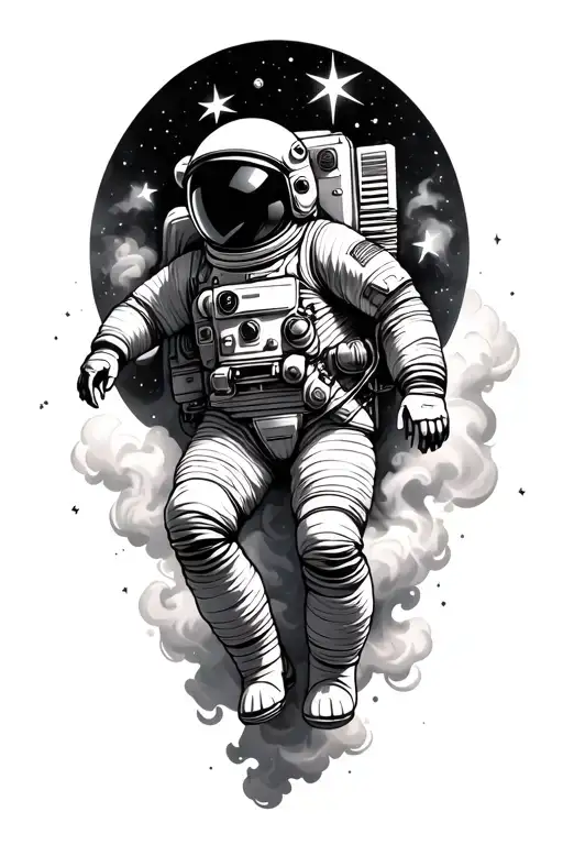 astronaut floating in space surroundedby smoke and stars  tattoo design idea